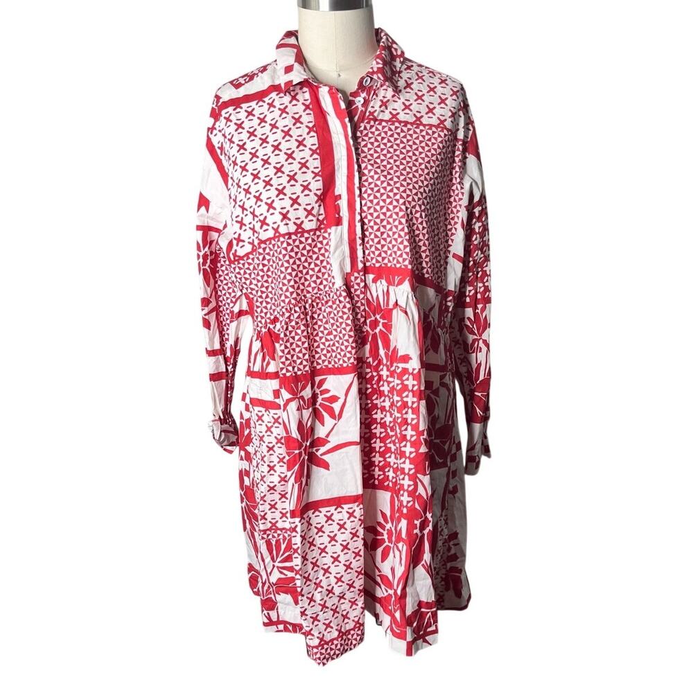 Anthropologie Maeve Red White Patchwork Cotton Printmaker Shirt Dress  Medium